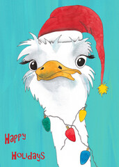Christmas greeting card of a handpainted ostrich wearing a Christmas hat and with Christmas lights around his neck, funny animal portrait