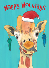 Christmas greeting card with watercolor painted giraffe with Santa hat and ornaments in his ears, whimsical animal portrait with Happy Holidays greeting