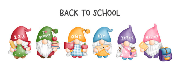 Digital painting watercolor back to school Gnome, student Gnome greetings card. back to school banner