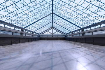Fototapeta na wymiar Empty hall exhibition centre.The backdrop for exhibition stands, booth,market,garage.Conversation for activity.Big Arena for entertainment,event,sports.Indoor for agricultural organic farm.3d render.