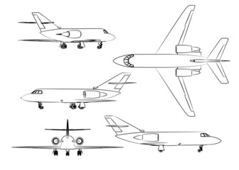 3d Aircraft model graphical from five directions with black white sketch. linear sketch.