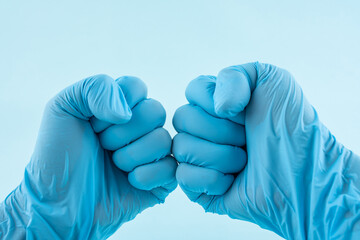 Hands wearing blue disposable gloves clenched fists