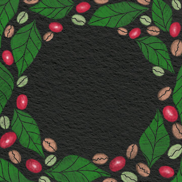 Coffee beans, berry and leaves circle frame drawing on black paper illustration for decoration on coffee cafe and industrail coffee's.