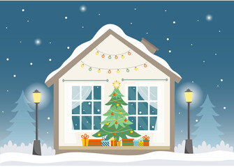Winter house in cut with christmas tree and presents. Christmas, New year mood. House at winter night on the background of trees, street lights, snowfall. Vector illustration in flat style.