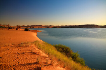 Sunset Panoramic view to Yoa lake group of Ounianga kebir lakes at the Ennedi, Chad