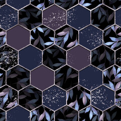 Marble hexagon seamless texture with floral pattern. Dark background with leaves