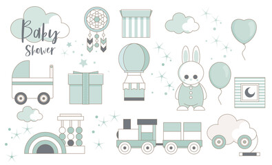 Baby shower party elements.  Invitations, cards, nursery decor