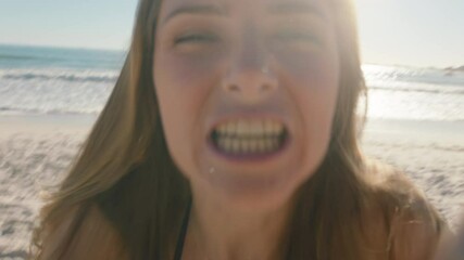 happy woman having video chat on beach girl blowing kiss at camera sharing summer vacation using smartphone showing travel adventure having fun on holiday