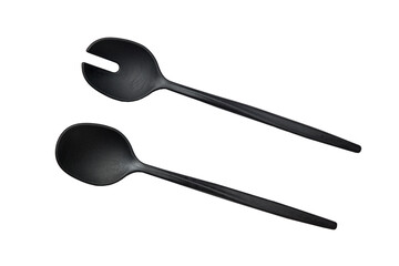 Two black plastic spoons , kitchen accessories on white background isolated