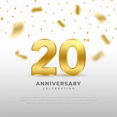 20th anniversary celebration with gold glitter color and white background. Vector design for celebrations, invitation cards and greeting cards.