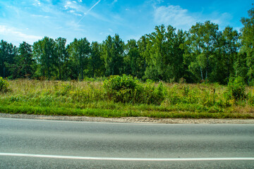 Empty asphalt road in the forest. Two-lane freeway in summer between trees.