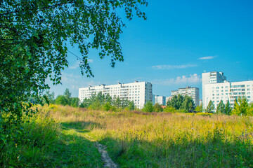 Obraz premium Residential apartment buildings on the edge of the city near the forest.