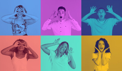 Making faces collage of four young beautiful models. Duotone effect