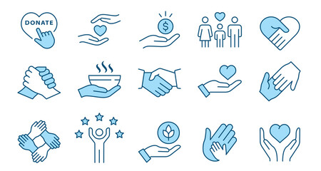 Charity line icon set. Collection of hope, solidarity, trust, care and more. Editable stroke.