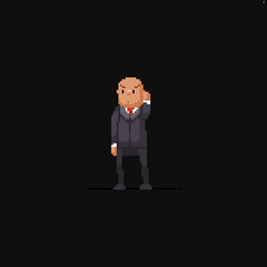 Pixel art bald security man looking at the side while listening to the earphone - 454291207