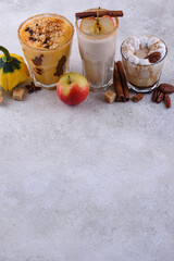 Set of autumn smoothie with pumpkin, apple and pecan