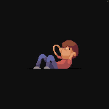 Pixel art young male character doing abs exercises