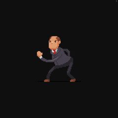 Pixel art male senior character in office suit ready tu run
