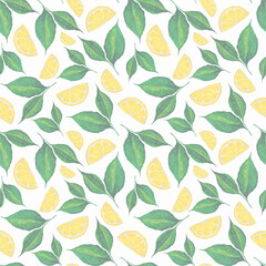 Lemon watercolor hand drawn seamless pattern. Summer wallpaper. Fruit texture.