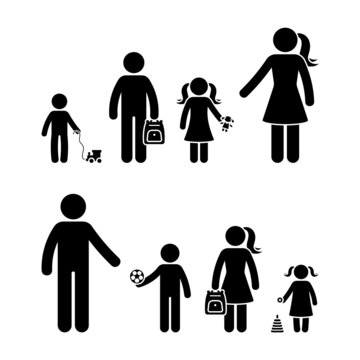 Stick figure mother standing with sons and daughter, father with kids vector icon set. Boy and girl with backpack going back to school, children playing with toys pictogram silhouette on white