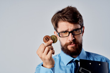 business man in blue shirt cryptocurrency financial technology economy