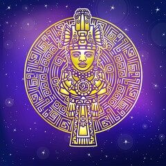 Decorative image of  ancient deity. Magic circle.Motives of art Native American Indian. Ethnic design, boho chic, tribal symbol. Gold imitation. Vector illustration, background - the night star sky.