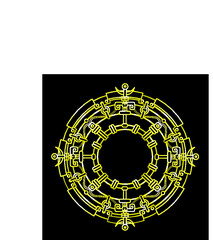 Decorative mystical circle in ethnic style. Linear drawing, the yellow contour isolated on a black background. Gold imitation.