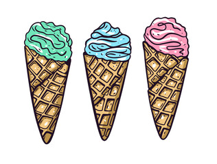 Hand drawn colorful cartoon style. Ice cream gelato in waffle cone.