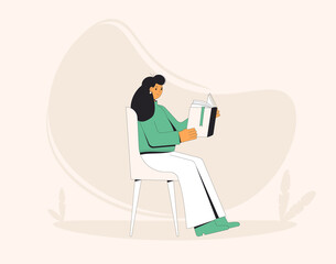 Woman sitting with book. Literature fan. Books lover. Young woman reading a novel. Vector illustration.