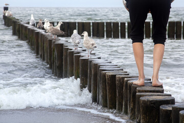 Kobieta stojąca na ostrogu na nadmorskiej plaży 