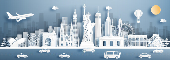 Panorama view New York City, United States of America skyline with world famous landmarks in paper cut style vector illustration.