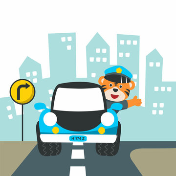 Cute tiger police patrol on highway. Vector childish background for fabric textile, nursery wallpaper, card, poster and other decoration. Vector illustration.