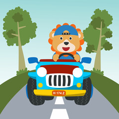 Obraz na płótnie Canvas Cute lion cartoon having fun driving off road car on sunny day. Vector childish background for fabric textile, nursery wallpaper, card, poster and other decoration. Vector illustration.