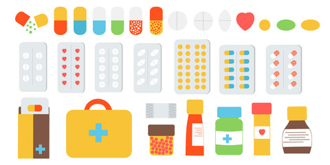 A set of medical preparations. Tablets are different, in a blister, in a package, in a jar. Ambulance for pain of various types. Flat illustration.