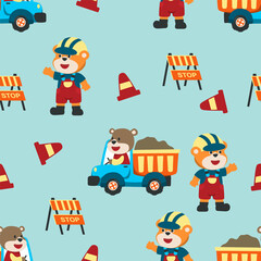 Fototapeta premium seamless pattern cartoon of construction vehicles, construction signs with a funny worker, Creative vector childish background for fabric, textile, nursery wallpaper, card, poster and other decoration