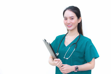 Asian professional woman doctor standing smiling in a green lab shirt, holding patient documents in hand. Health care concept