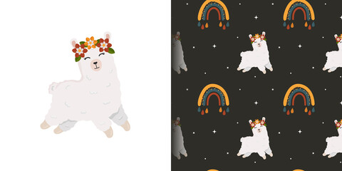 Seamless pattern and illustration for kid with cute alpaca (llama) and rainbow. Baby background for t-shirt print, packaging, wrapping paper, etc. Vector animal background. © Alina