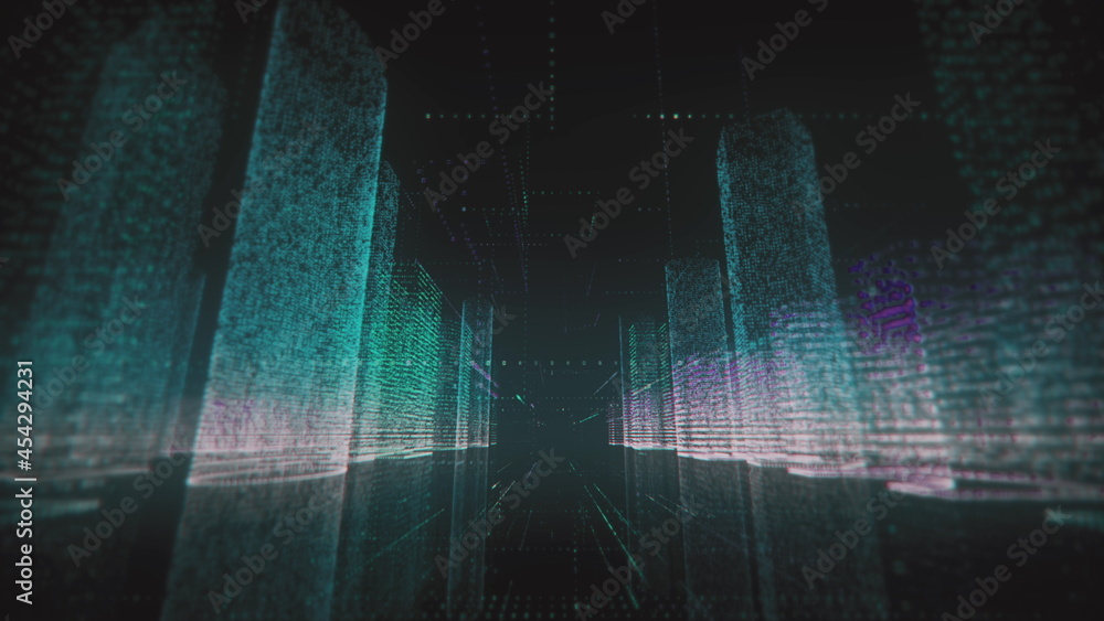 Poster abstract digital city wireframe in dark blue and white colors consist of particles connected with li