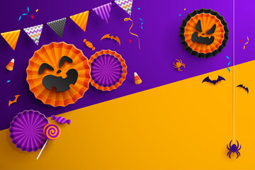 Paper Graphic of Happy Halloween fun party celebration background design. Halloween elements. Wide copy space for design.