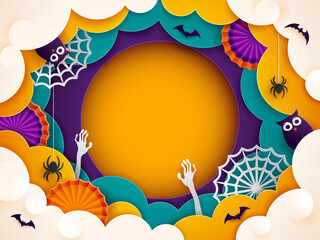Paper Graphic of Happy Halloween fun party celebration cloud border background design Halloween elements. Wide copy space for design.
