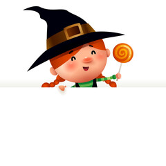 Little Witch with big blank signboard. Wide copy space for design.