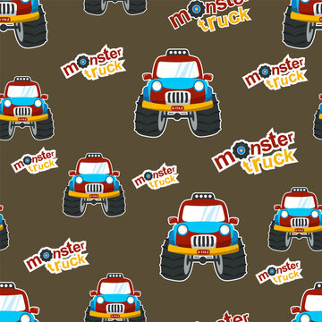 seamless pattern vector of monster truck cartoon, Creative vector childish background for fabric, textile, nursery wallpaper, card, poster and other decoration.