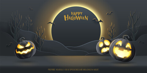 Happy Halloween. Halloween fantasy black theme paper graphic cloud scene with group of 3D illustration dark glowing pumpkin on studio table.