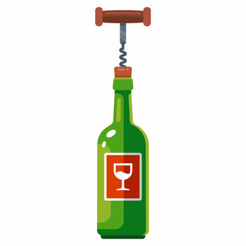 a bottle of wine is opened with a corkscrew. flat vector illustration.