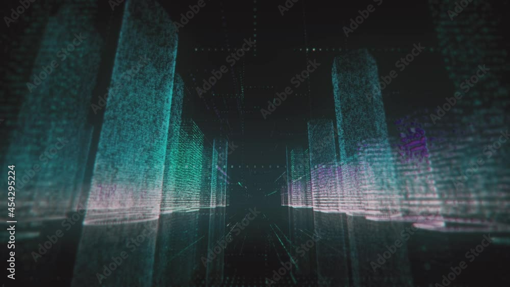 Poster abstract digital city wireframe in dark blue and white colors consist of particles connected with li