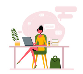 Working concept, Beautiful woman working in the office. Cute vector illustration in flat style.