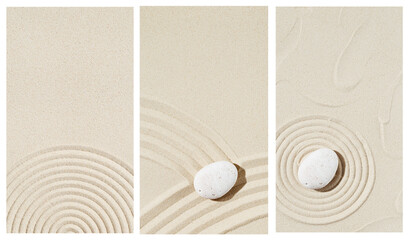 Background with zen stone on sand. Zen Garden with concentric circles around pebble