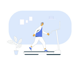 Runner on treadmill at home. Jogger. Young man wearing in sports clothses doing cardio.