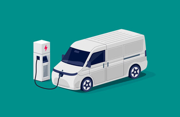Isometric electric cargo van charging parking at the charger station with a plug in cable. Flat vector of shipping truck lorry logistic freight car. Electrified transportation delivery e-motion.