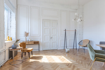 expensive modern light luxury interior design of a spacious living room with wooden elements and white walls. filled with original and unusual decorative things